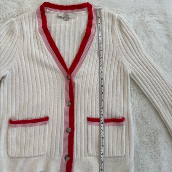 LOFT Ribbed V-Neck Cardigan Cream Pink Red/Orange Colorblock Trim Size Medium - Picture 7 of 9